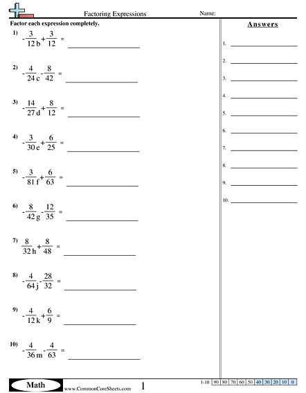 Factoring Expressions Worksheet | Free - CommonCoreSheets