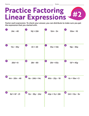 Practice Factoring Linear Expressions #2 | Worksheet 