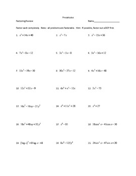 Factoring Polynomials Review Practice Worksheet Factor Algebra ...