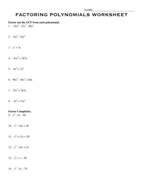 factoring polynomials using gcf worksheet