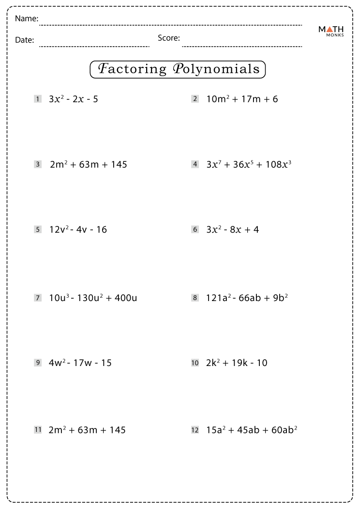 Factoring Polynomials Worksheets with Answer Key