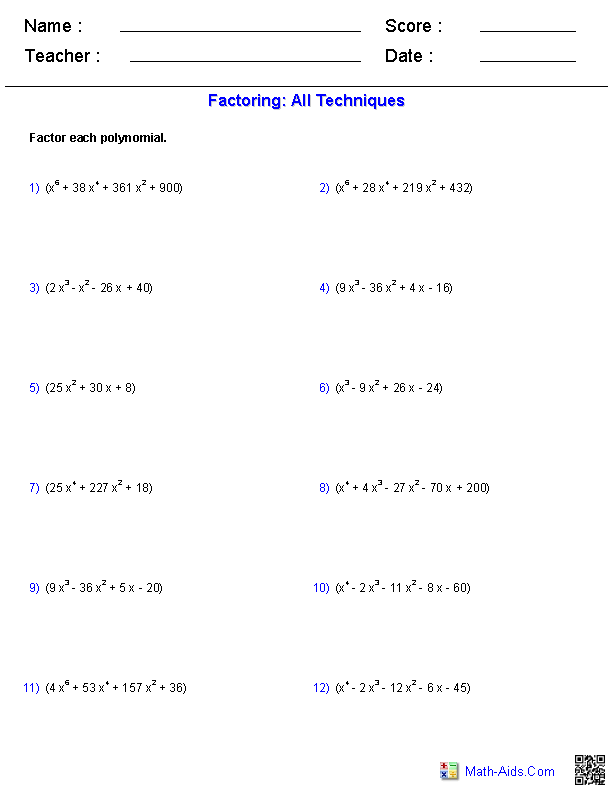 factoring polynomials worksheet with answers algebra 2