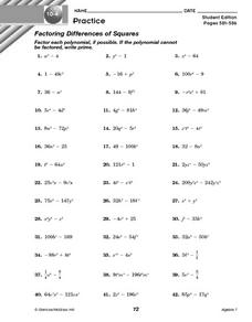 10-4 Practice: Factoring Differences of Squares Lesson Plan for ...