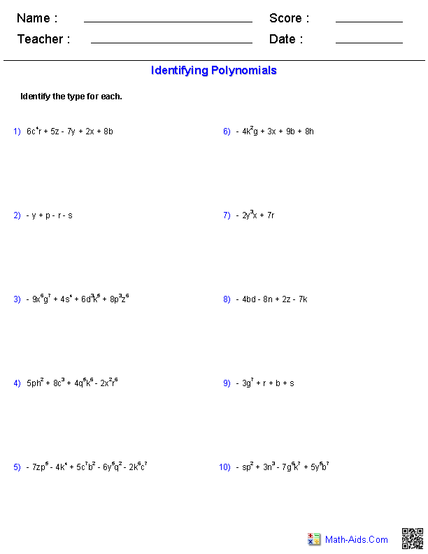 Algebra 1 Worksheets | Monomials and Polynomials Worksheets
