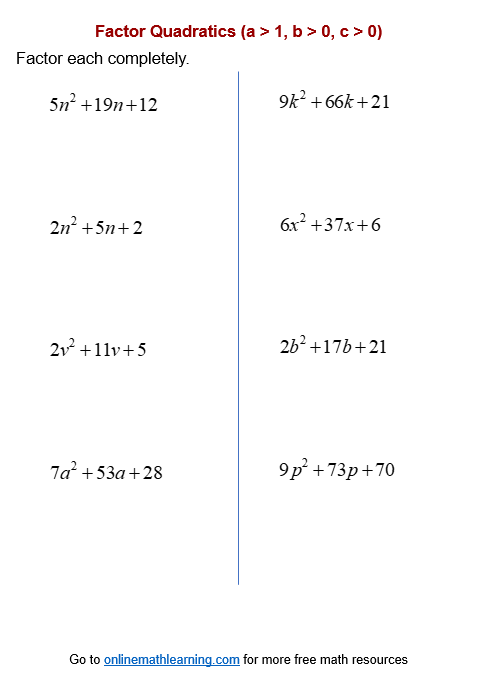 Factoring Quadratics Worksheets (printable, online, answers, examples)