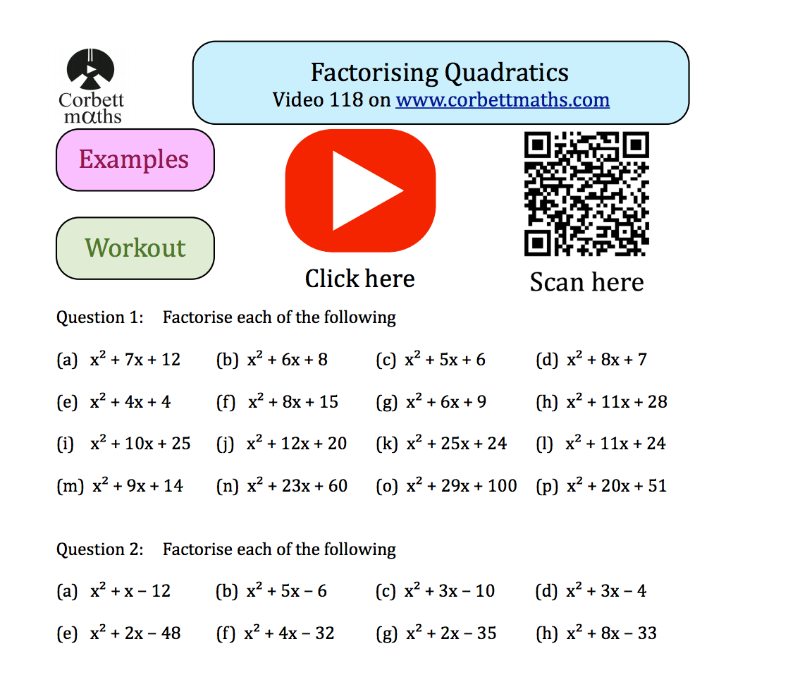 Factorising Quadratics 1 Textbook Exercise Corbettmaths Worksheets Factorising Quadratics 1 Textbook Exercise Corbettmaths Worksheets
