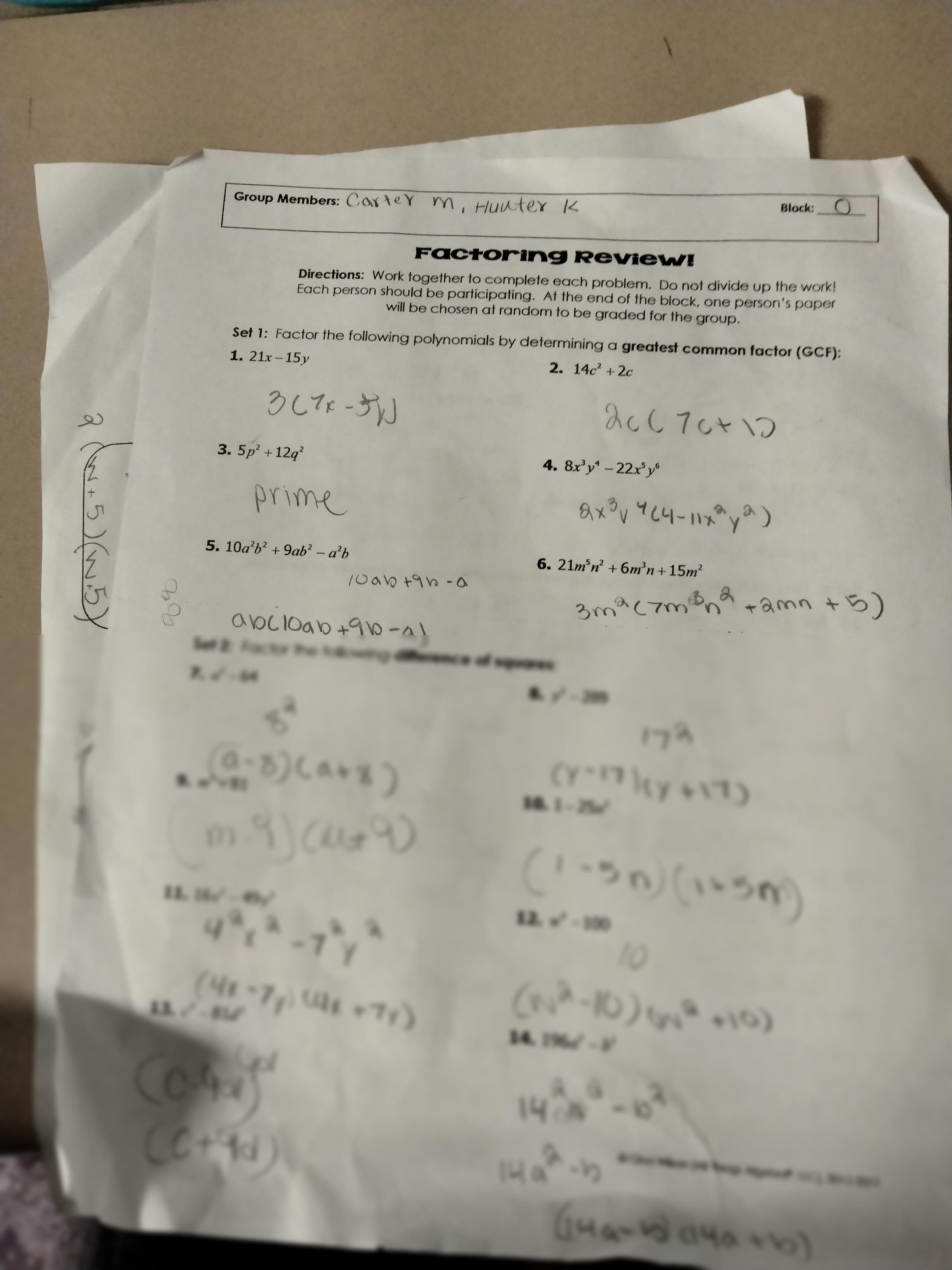 factoring review worksheet answers