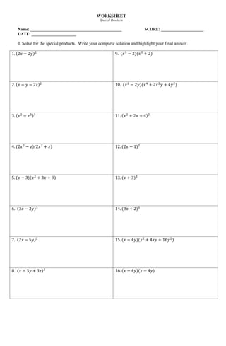factoring special products worksheet