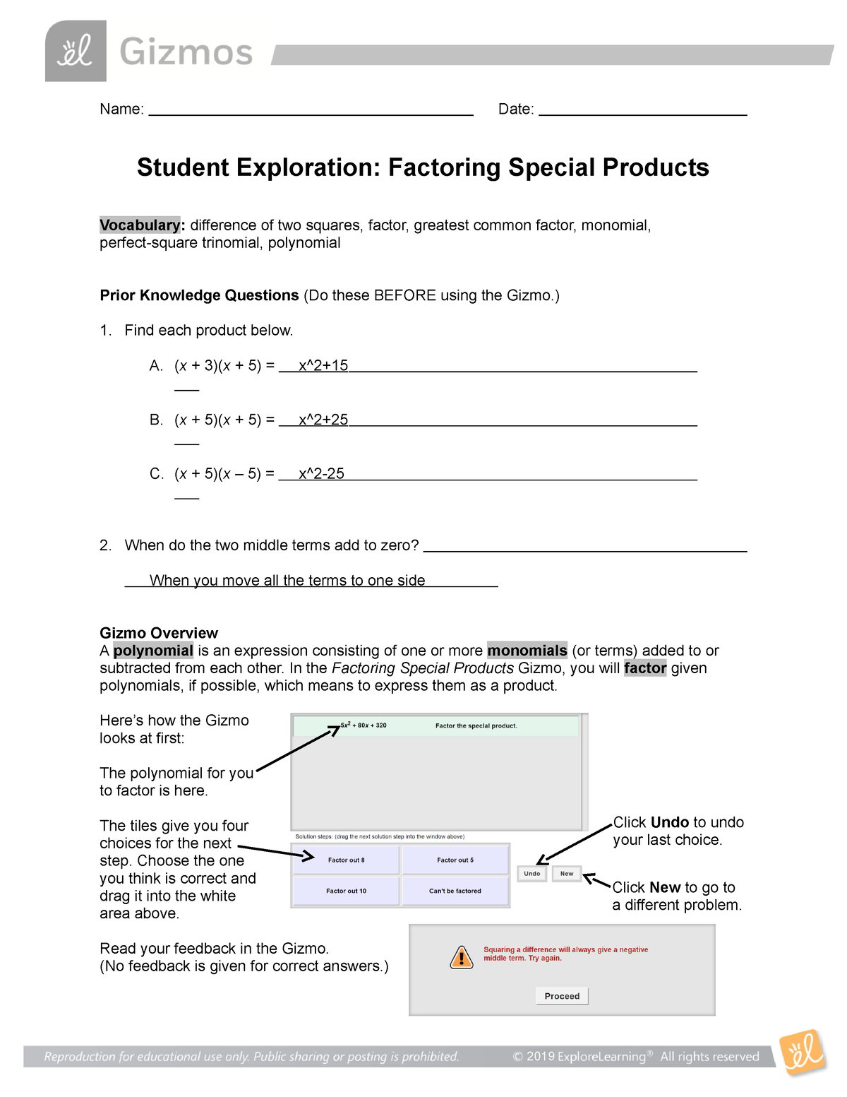 Fac Spec Prod SE - Gizmo for algebra 2. Has answers - Name: Date ...