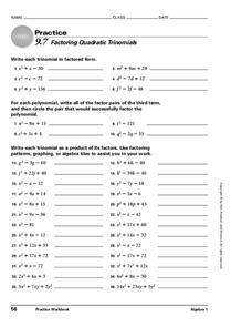 Factoring Quadratic Trinomials Worksheet for 9th Grade | Lesson Planet