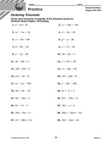 Factoring Trinomials Worksheet for 9th - 11th Grade | Lesson Planet