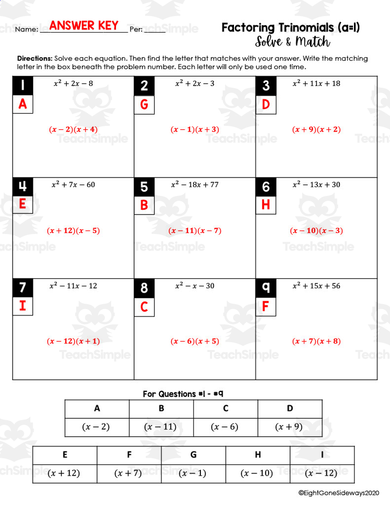 Factoring Trinomials (a is 1) - Solve + Match Worksheet