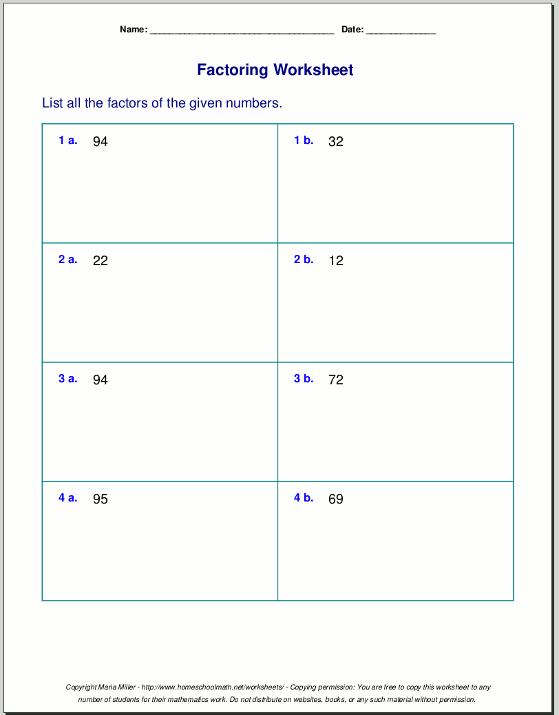 Free worksheets for prime factorization / find factors of a number
