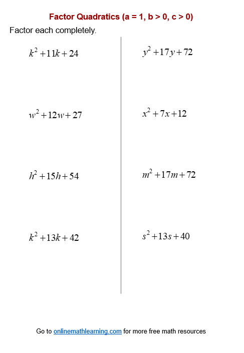 Factor Quadratics Worksheets (printable, online, answers, examples)