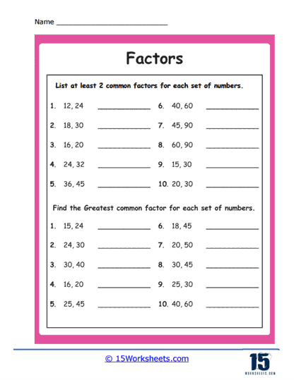 factors of numbers worksheet
