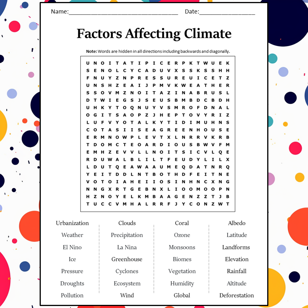 Factors Affecting Climate Word Search Puzzle Worksheet Activity ...
