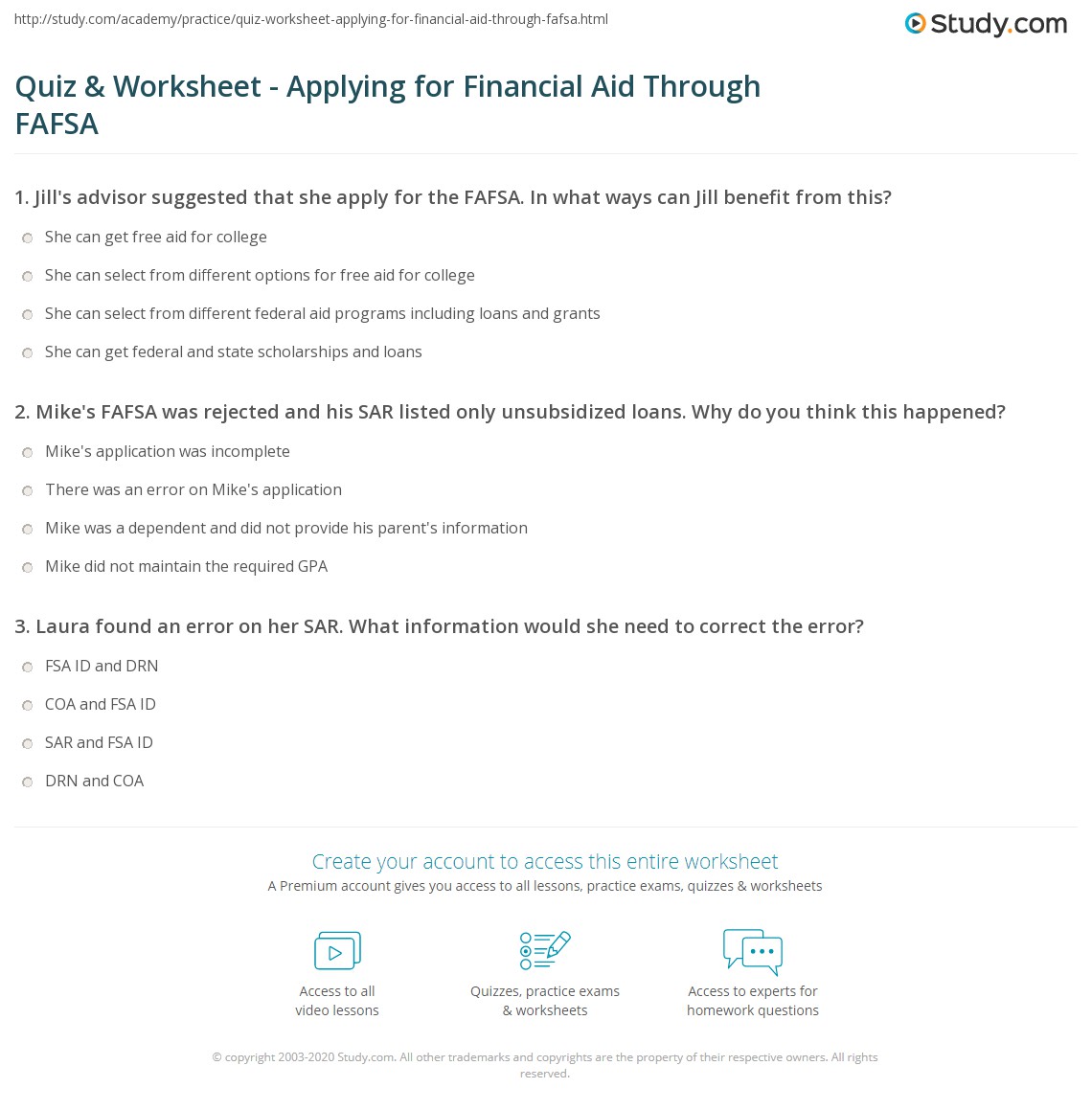 Quiz &  Worksheet - Applying for Financial Aid Through FAFSA ...