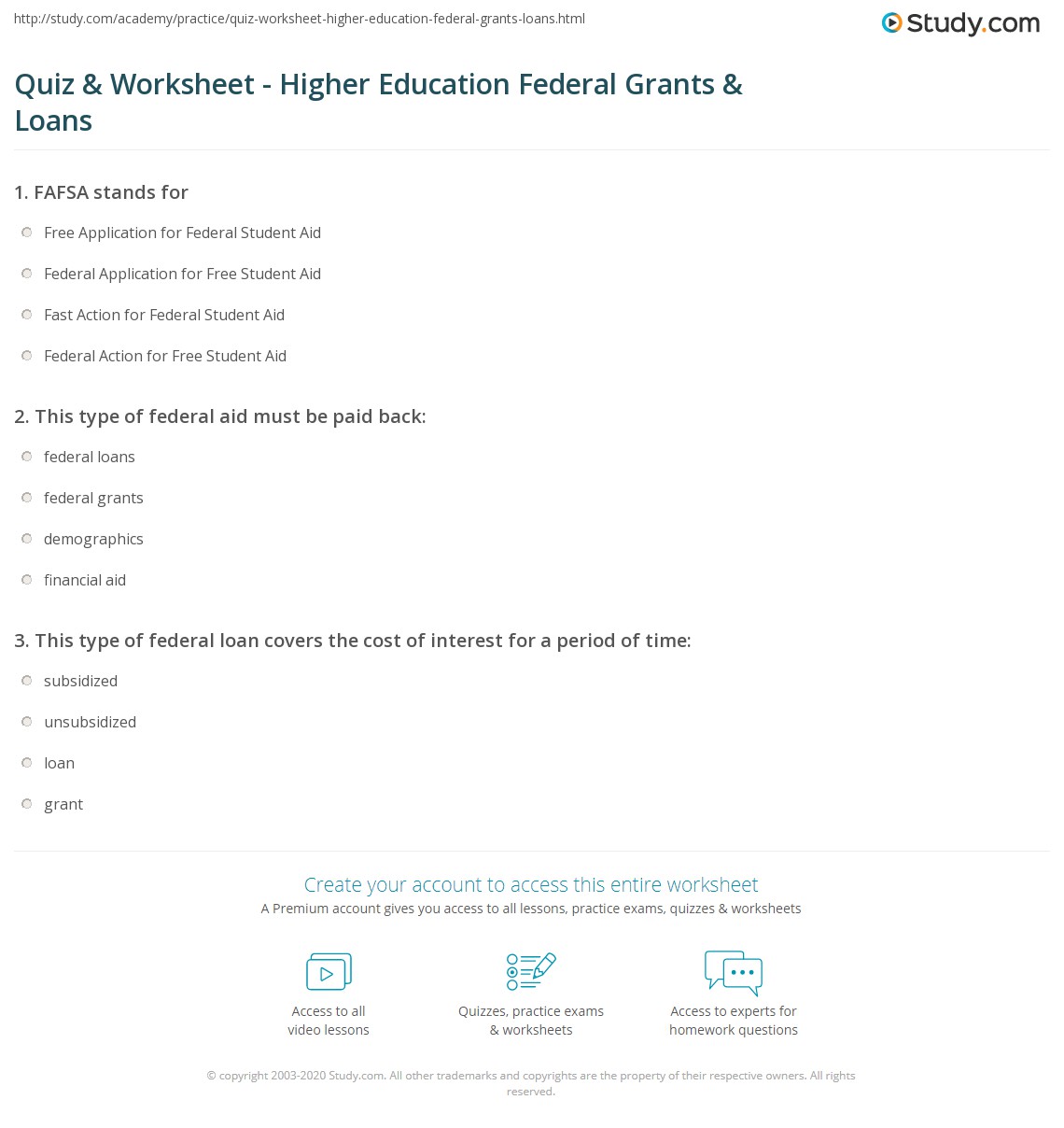 Quiz &  Worksheet - Higher Education Federal Grants &  Loans | Study.com