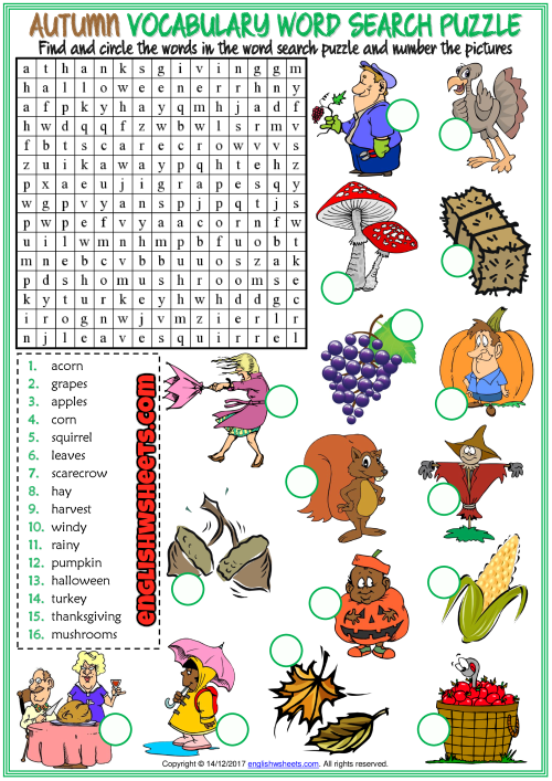 Autumn ESL Printable Word Search Puzzle Worksheet