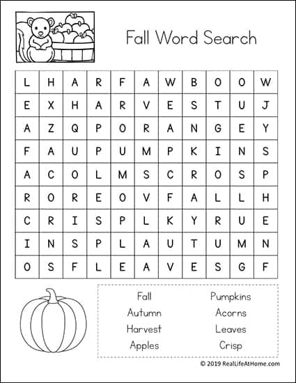 Easy Fall Word Search Free Printables Set for Kids