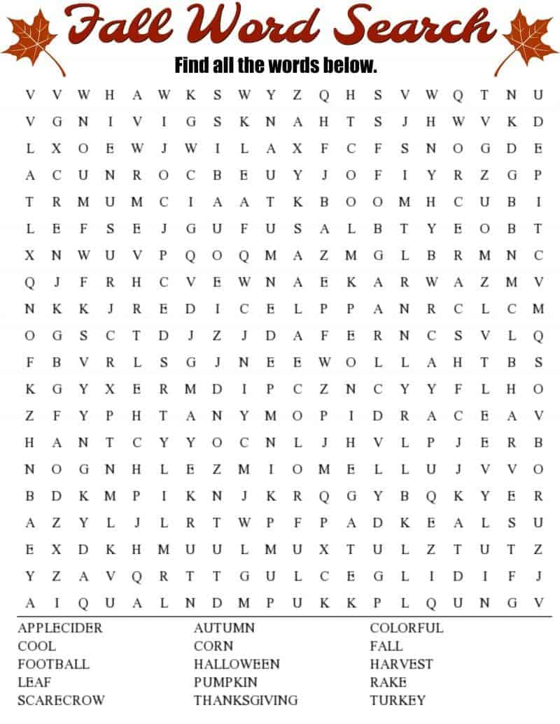 fall word search worksheet