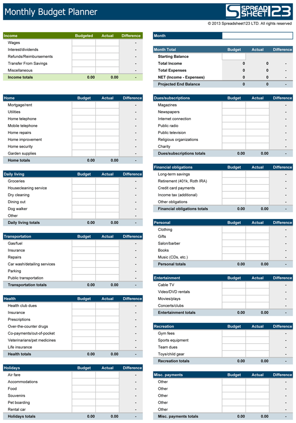 family budget worksheet excel