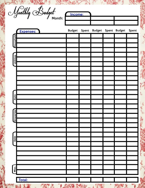 family budget worksheet printable