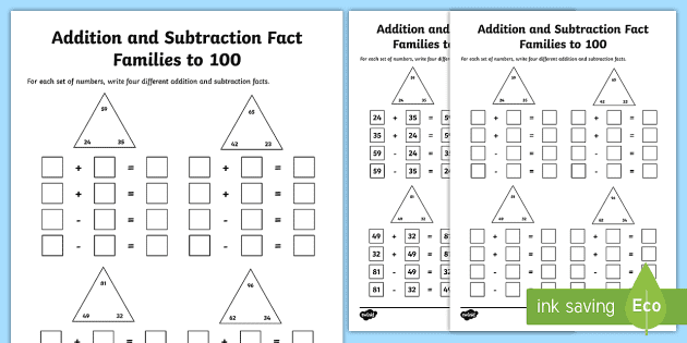 Fact Families Addition and Subtraction to 100 Worksheet