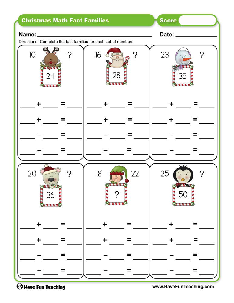 Christmas Math Fact Families Worksheet  