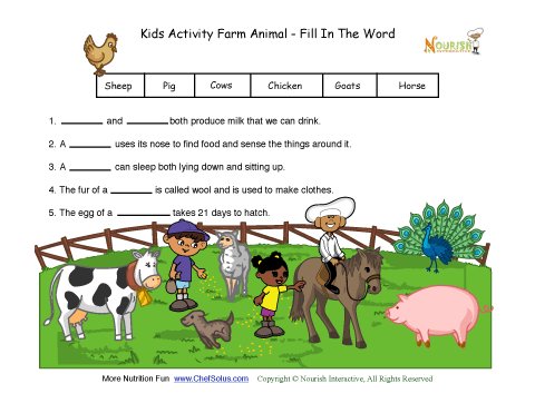 Kids Activity Farm Animal worksheet- Fill In The Word