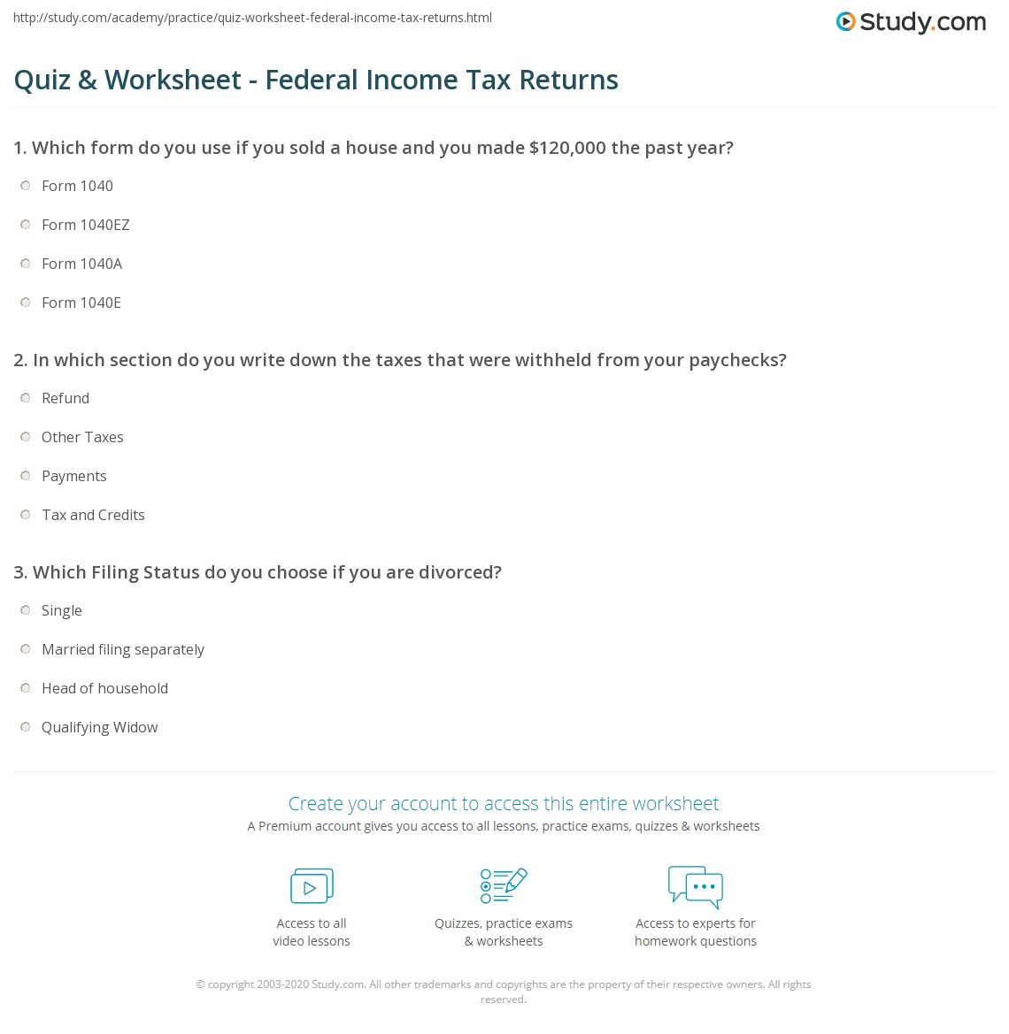 federal income tax worksheet