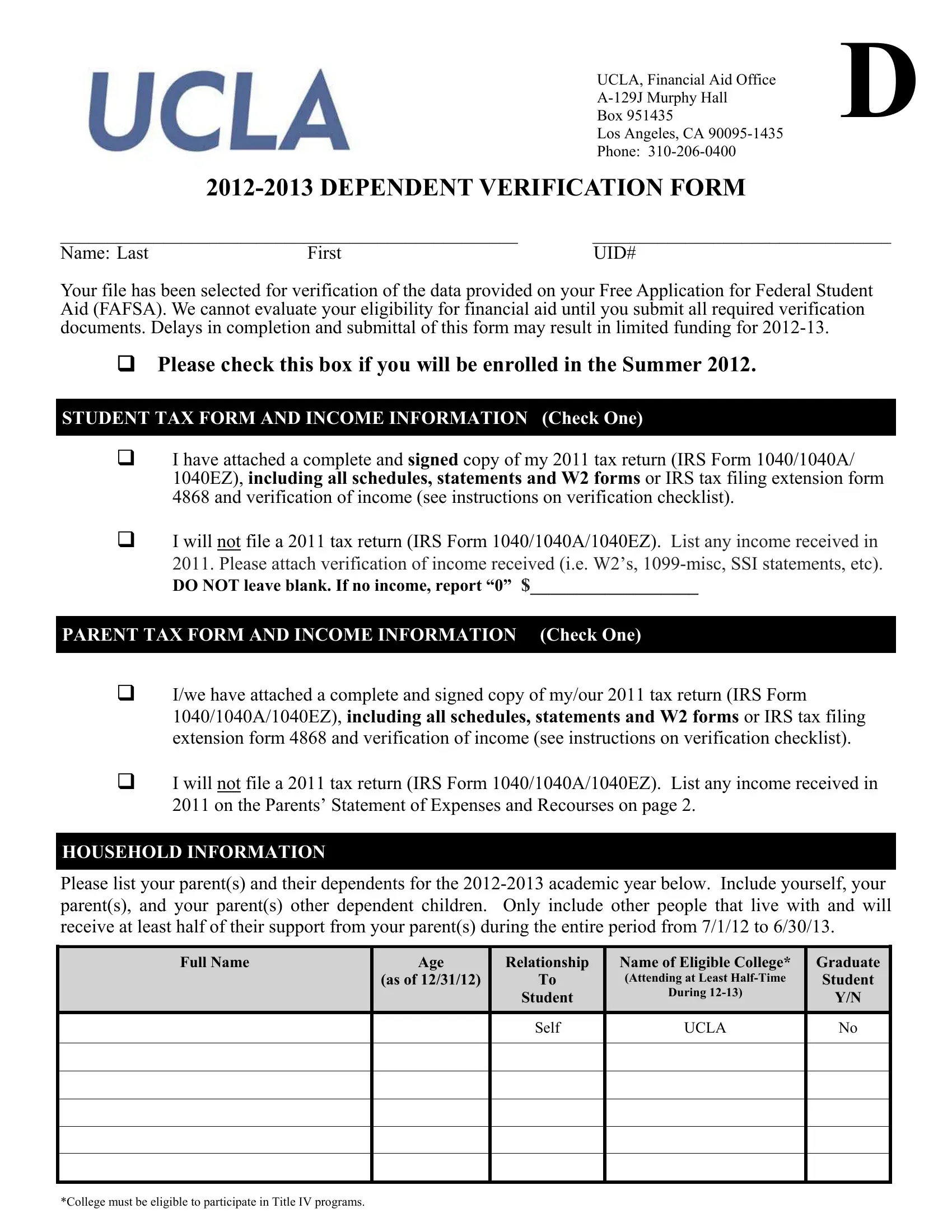 Ucla Dependent Verification PDF Form - FormsPal