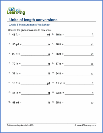 Grade 6 Measurement Worksheets: Convert lengths (inches, feet ...