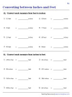 Convert between Inches, Feet, and Yards Worksheets