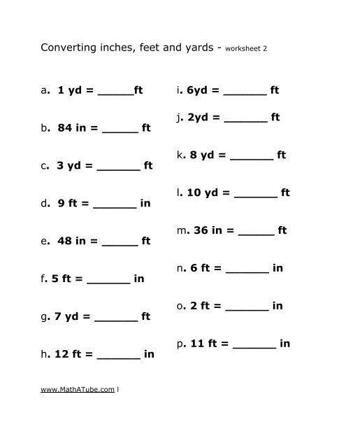 feet to inches worksheet