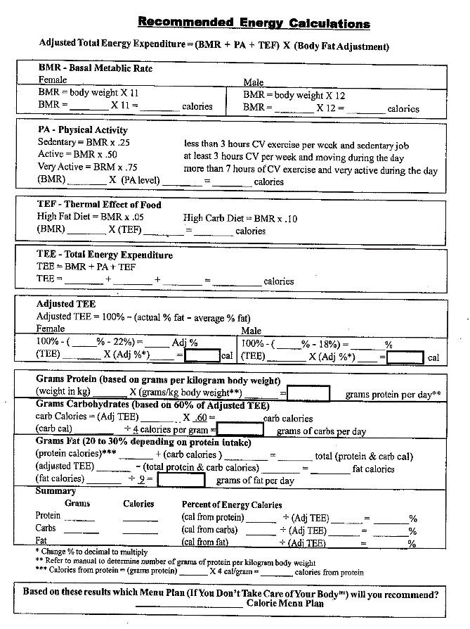 female body fat worksheet