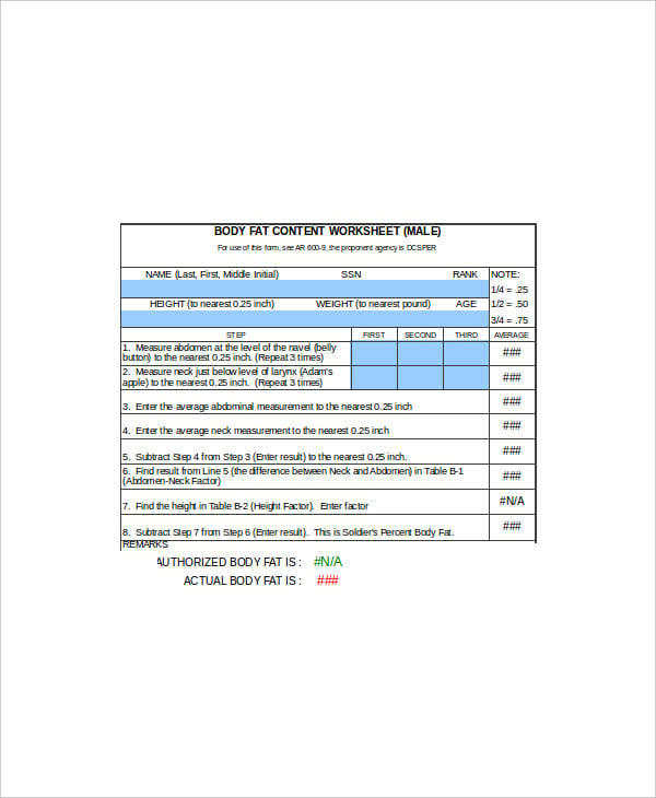 female body fat worksheet