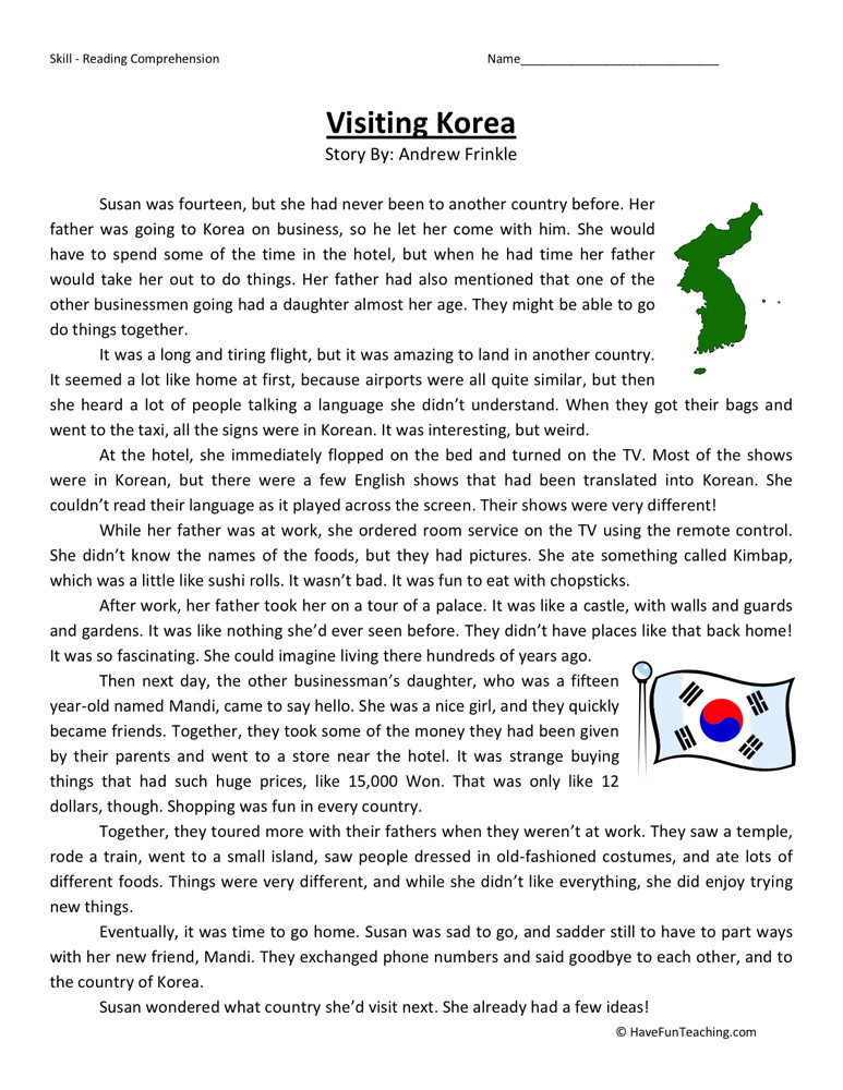 fiction reading comprehension worksheet