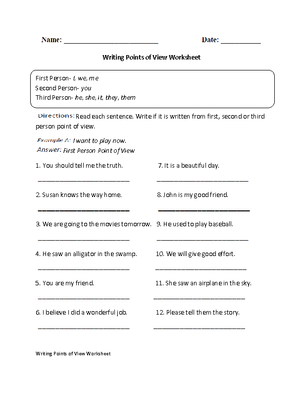 fiction story point of view worksheet