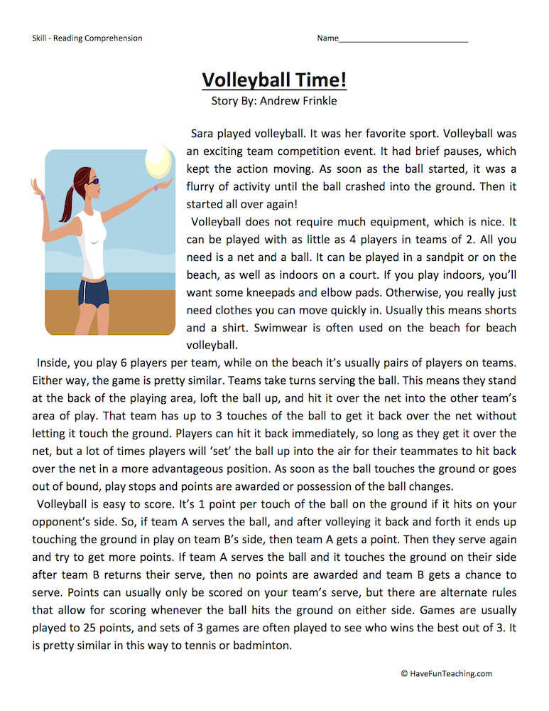 Volleyball Time Reading Comprehension Worksheet  