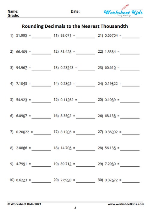 Rounding decimals worksheet for 5th Grade with answer key - Free PDF