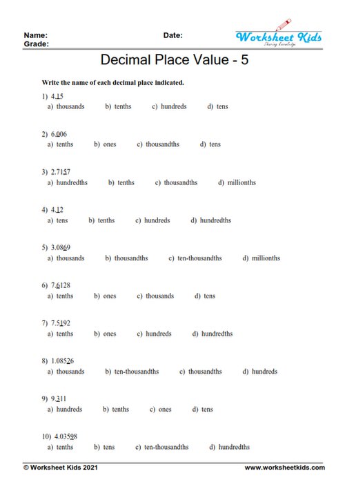 Decimal place value worksheets for 5th grade - Free printable PDF