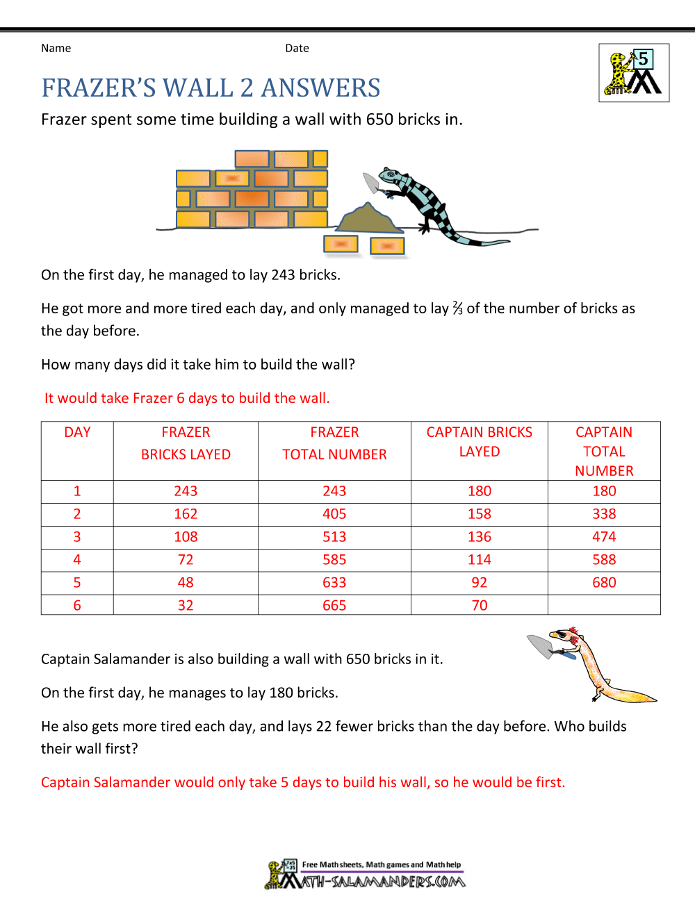 fifth grade math worksheet with answers