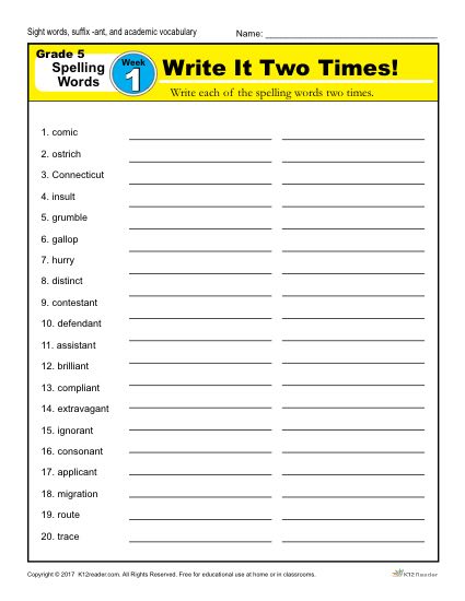 Fifth Grade Spelling Words List - Week 1 | K12Reader