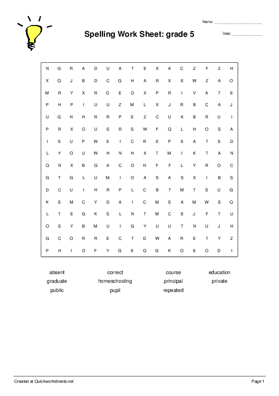 Spelling Work Sheet: grade 5 - Wordsearch - Quickworksheets