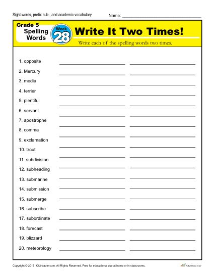 Fifth Grade Spelling Words List - Week 28 | K12Reader