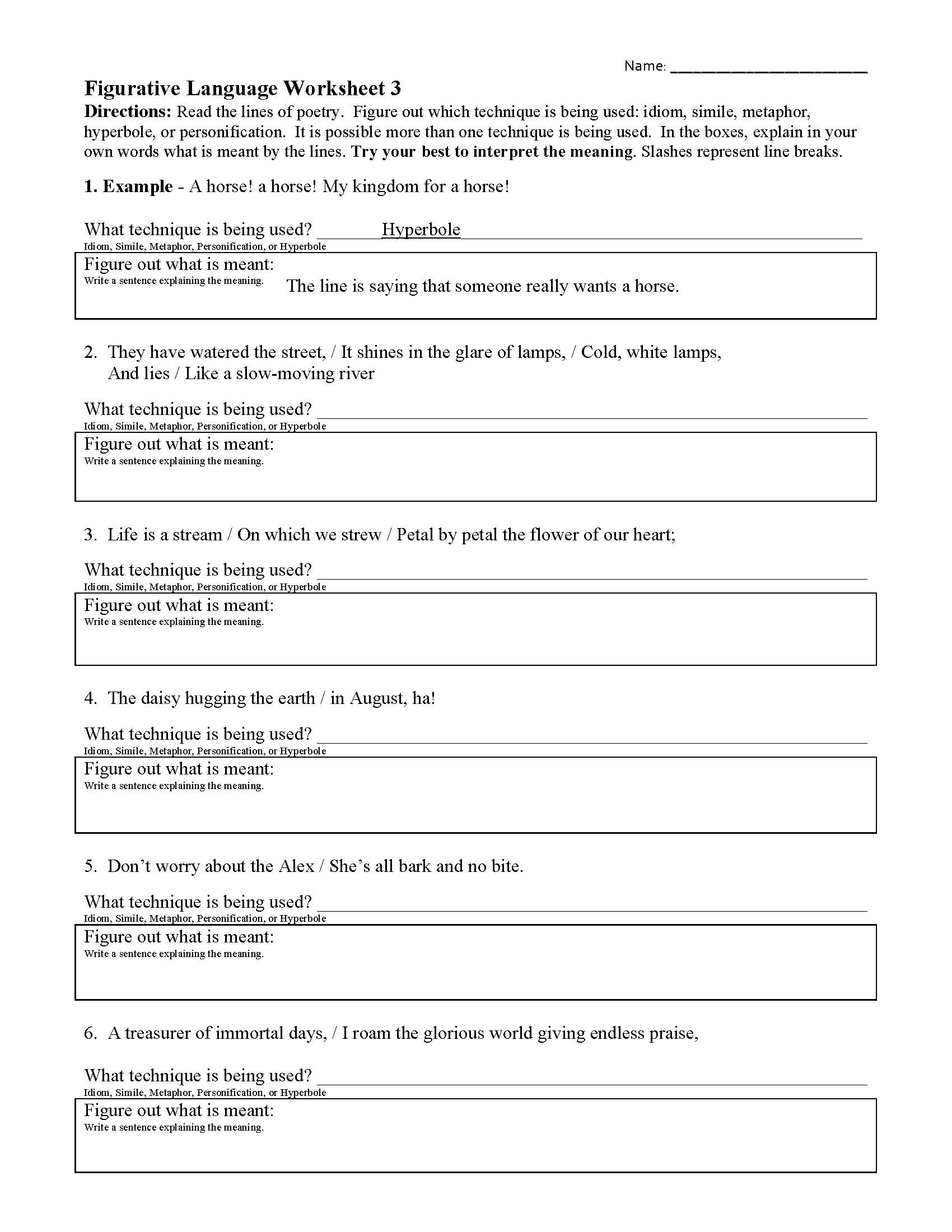 Figurative Language Worksheet 3 | Reading Activity
