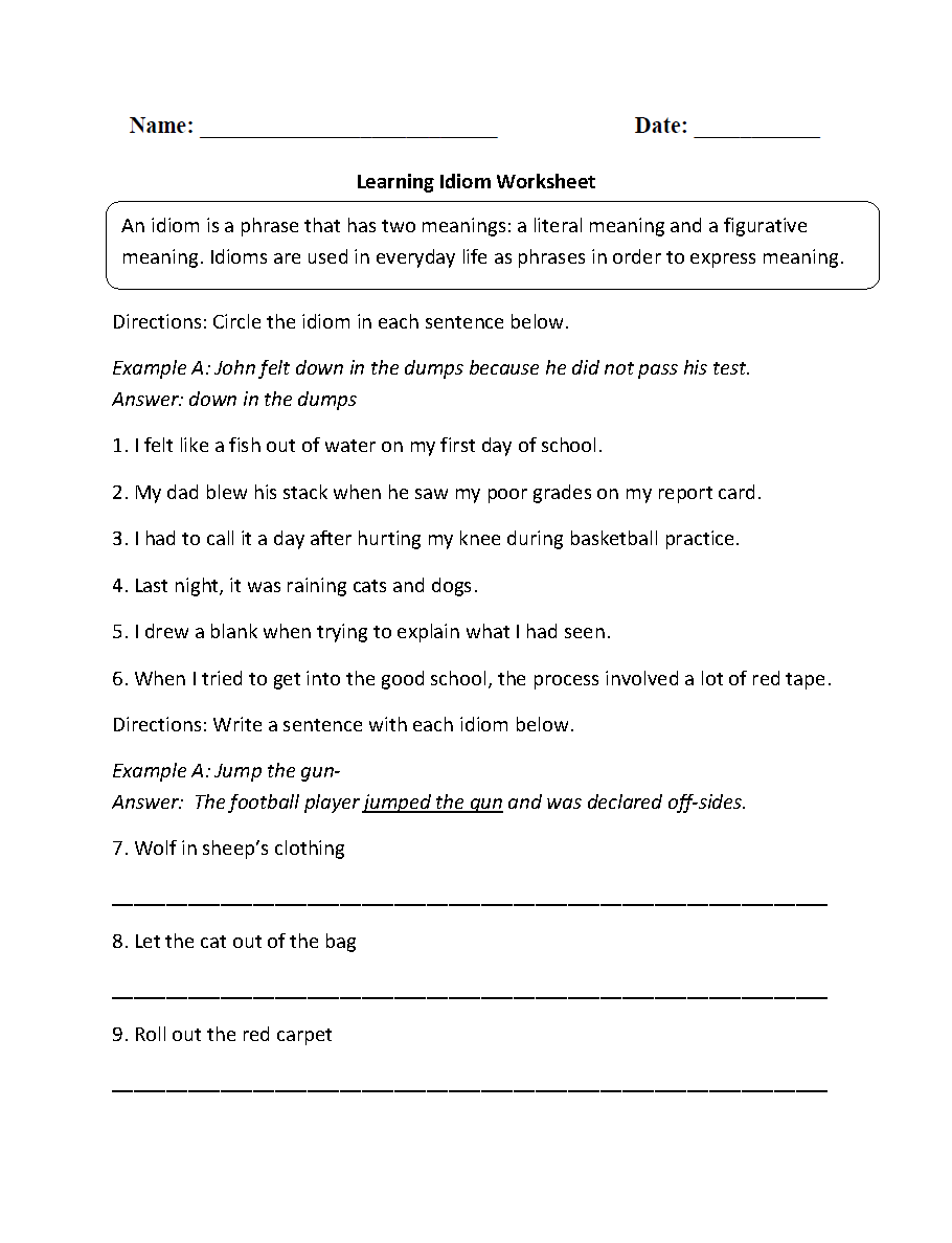 Content by Subject Worksheets | Figurative Language Worksheets