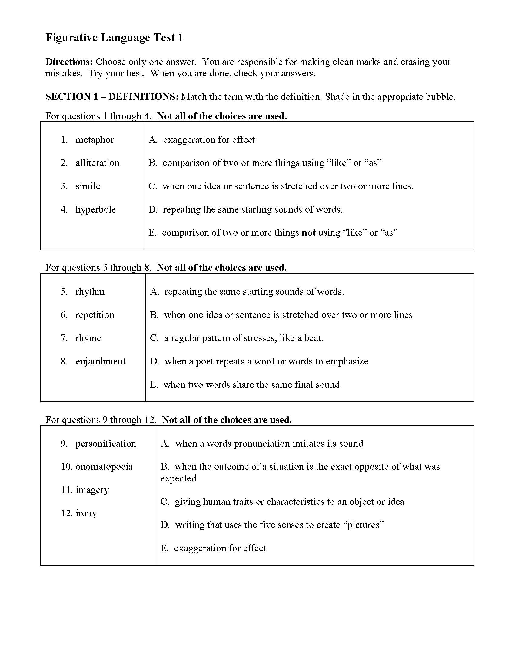 Figurative Language Test 1 | Reading Activity