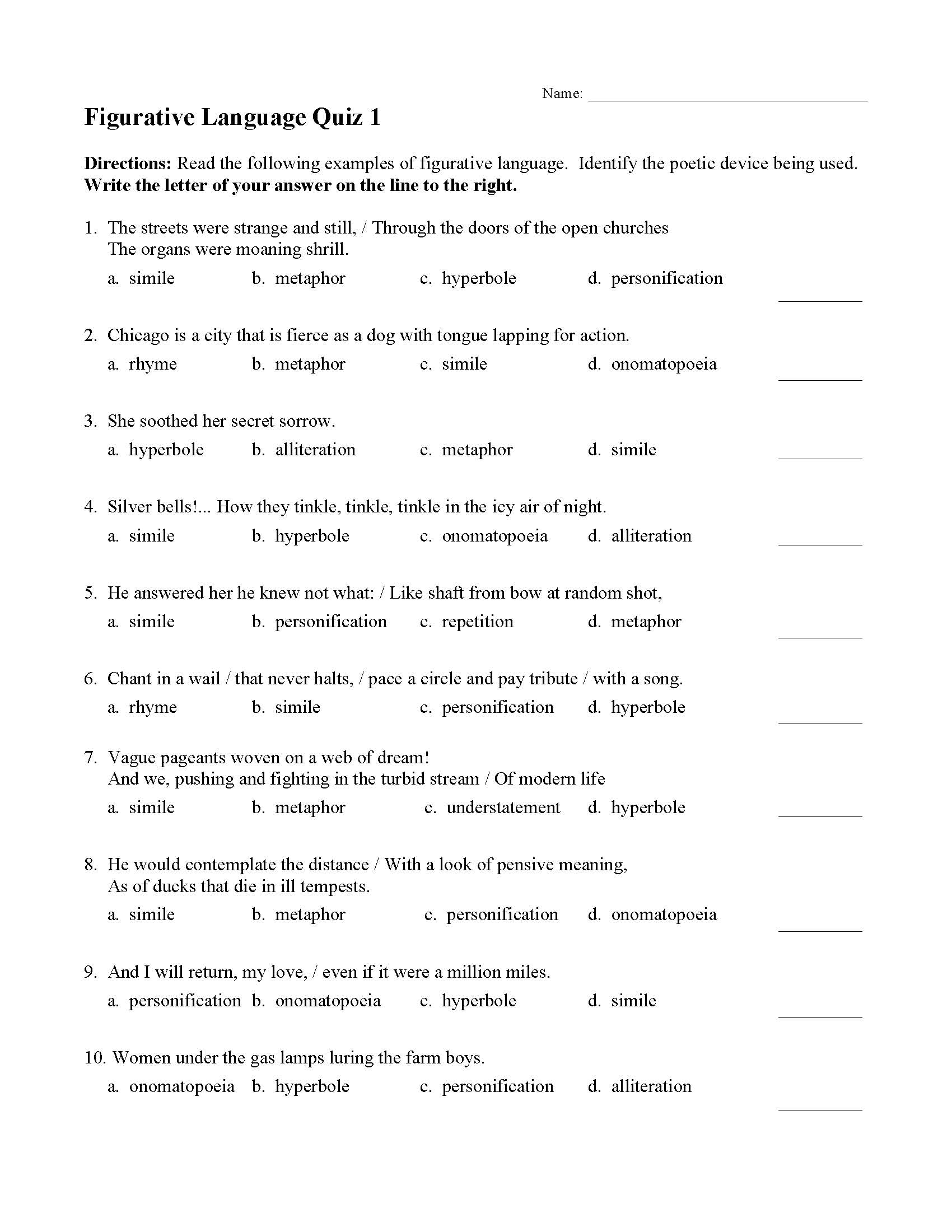 Figurative Language Quiz 1 | Reading Activity